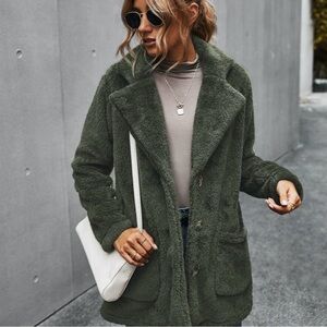 Women Fuzzy Fleece Teddy Coat Warm Oversized Long Sleeve Button Up Plush Jacket